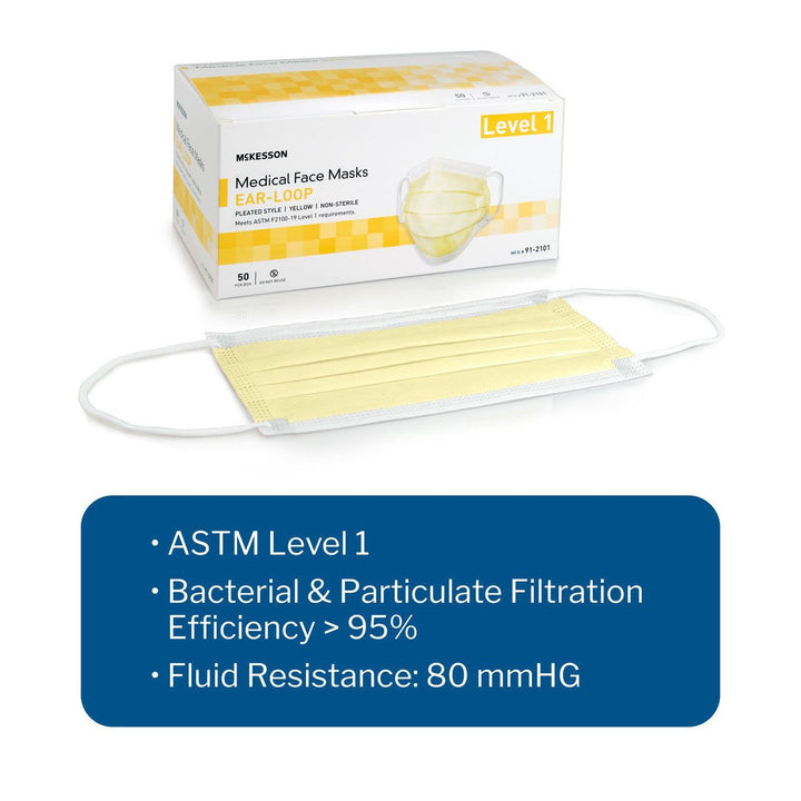 100, ASTM Level 1 Medical Face Mask McKesson Procedure Mask 91-2101 Earloop, Yellow Fluid Resistance Adult - OverstockMedicalSupply.com