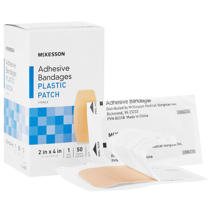 100 Ct, McKesson 16-4825 Plastic Bandages 2 X 4 Inch Strips Sterile, Adhesive Strip Plastic Patch, Rectangle Tan - OverstockMedicalSupply.com