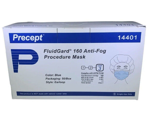 100 Pcs ASTM Level 3 Face Mask Precept FluidGard 160 Procedure Mask 14401 Anti fog Foam Earloop, Blue Fluid Resistance Fog Free - OverstockMedicalSupply.com