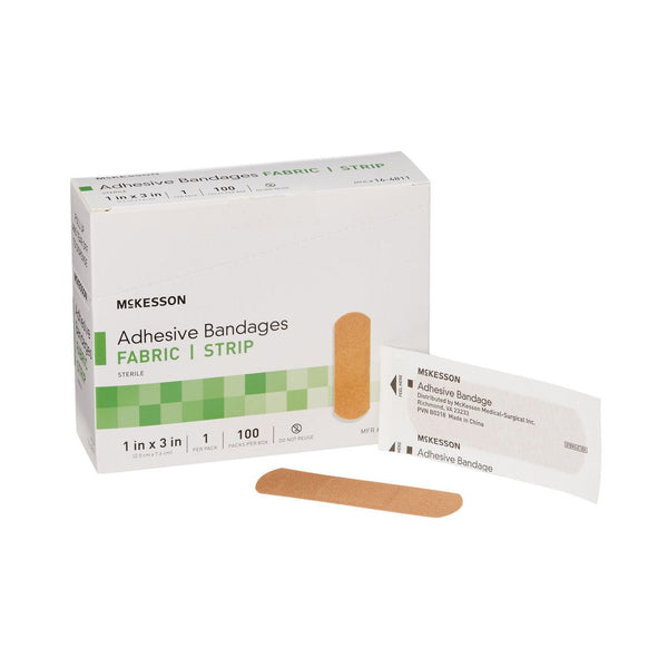 300 Ct, McKesson 16-4811 Fabric Bandages Strips Sterile, Adhesive Strip 1 X 3 Inch Fabric Strips Rectangle Tan - OverstockMedicalSupply.com