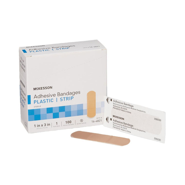 300 Ct, McKesson 16-4821 Plastic Bandages 1 X 3 Inch Strips Sterile, Adhesive Strip Plastic Patch, Rectangle Tan - OverstockMedicalSupply.com