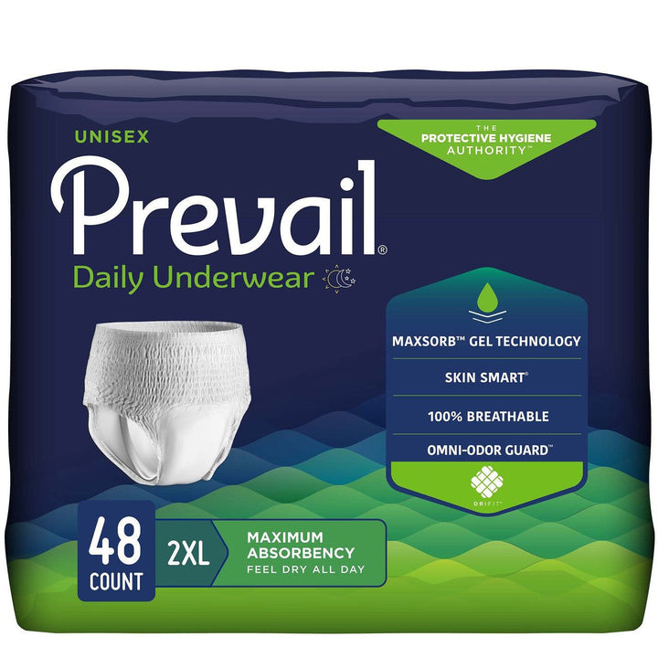 48 Ct, Prevail PV-517 Unisex Adult Absorbent Underwear Daily Underwear Pull On with Tear Away Seams, 2X-Large Disposable Moderate Absorbency - OverstockMedicalSupply.com