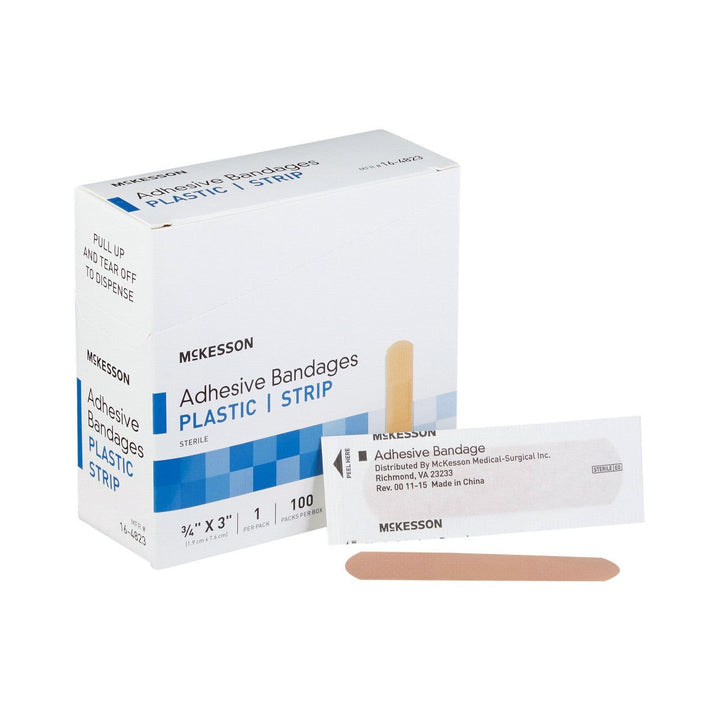 400 Ct, McKesson 16-4823 Plastic Bandages 3/4 X 3 Inch Strips Sterile, Adhesive Strip Plastic Patch, Rectangle Tan - OverstockMedicalSupply.com