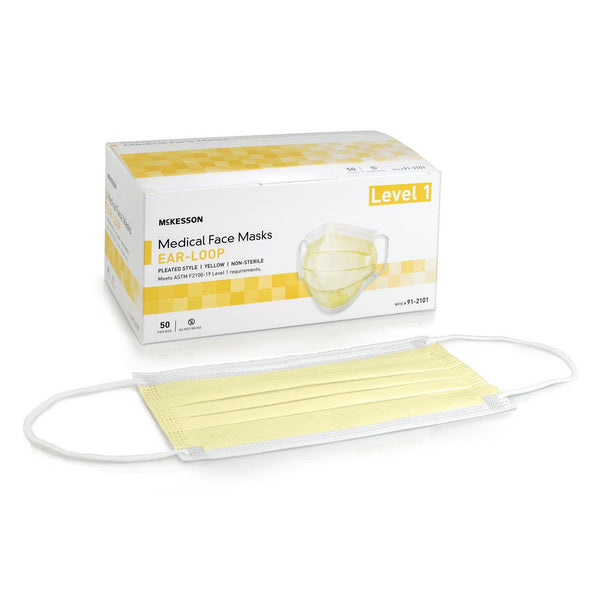 500, ASTM Level 1 Medical Face Mask McKesson Procedure Mask 91-2101 Earloop, Yellow Fluid Resistance Adult - OverstockMedicalSupply.com