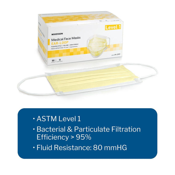50, ASTM Level 1 Medical Face Mask McKesson Procedure Mask 91-2101 Earloop, Yellow Fluid Resistance Adult - OverstockMedicalSupply.com