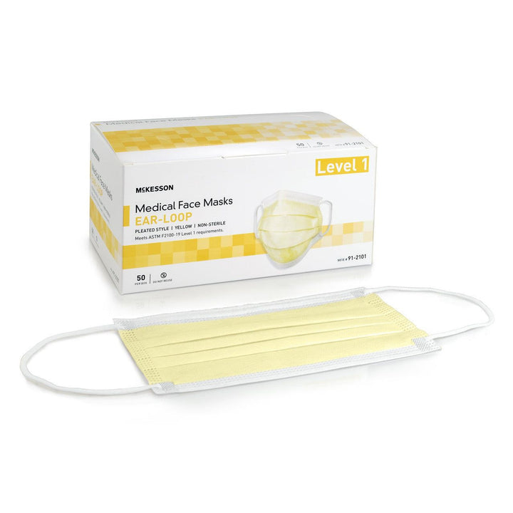 50, ASTM Level 1 Medical Face Mask McKesson Procedure Mask 91-2101 Earloop, Yellow Fluid Resistance Adult - OverstockMedicalSupply.com