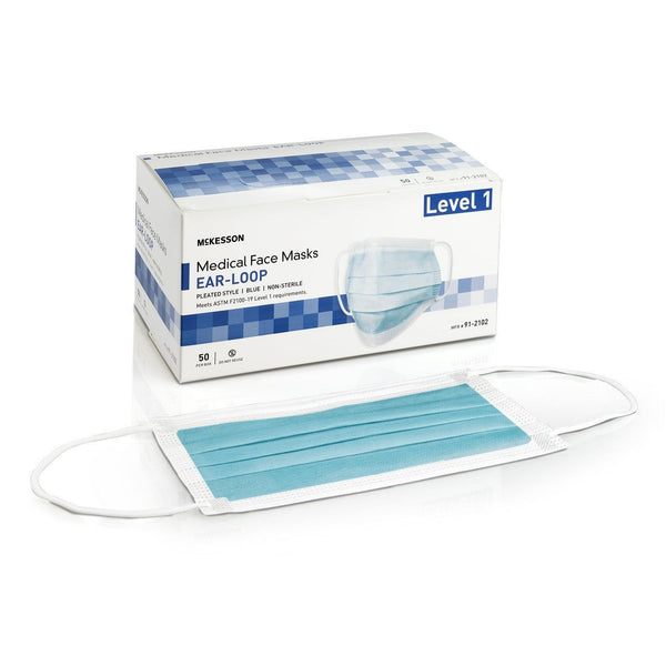 50, ASTM Level 1 Medical Face Mask McKesson Procedure Mask 91-2102 Earloop, Blue Fluid Resistance Adult - OverstockMedicalSupply.com