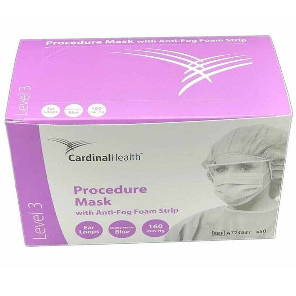 50, ASTM Level 3 Face Mask Cardinal Procedure Mask AT74531 Anti-fog Foam Earloop, Blue Fluid Resistance Fog Free - OverstockMedicalSupply.com