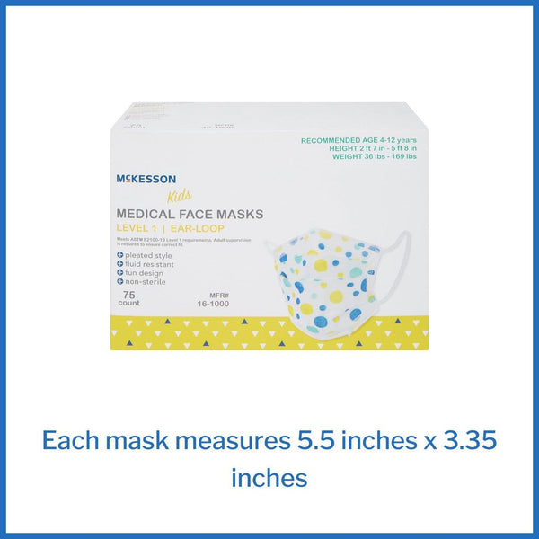 75, Kids ASTM Level 1 Medical Face Mask McKesson Procedure Mask 16-1000 Earloop, Fluid Resistance Child Size - OverstockMedicalSupply.com
