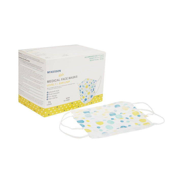 75, Kids ASTM Level 1 Medical Face Mask McKesson Procedure Mask 16-1000 Earloop, Fluid Resistance Child Size - OverstockMedicalSupply.com