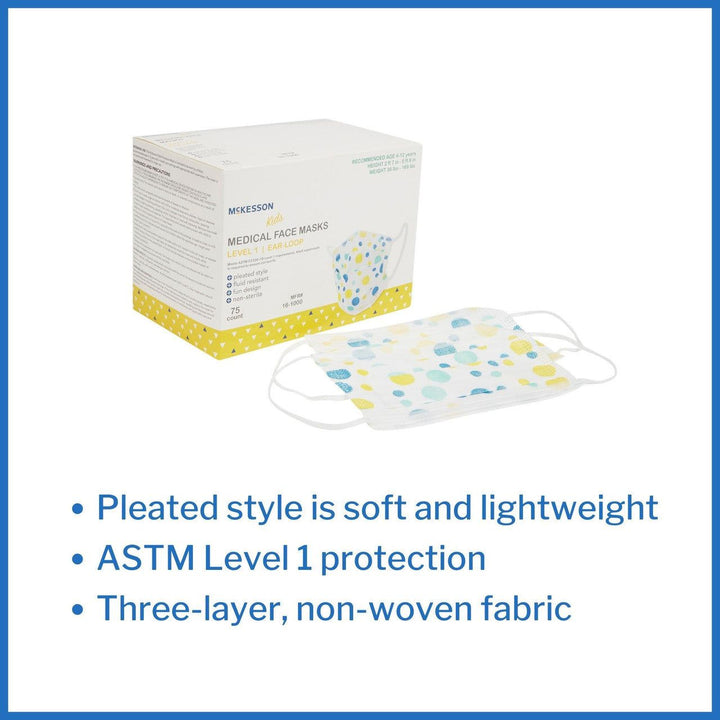 75, Kids ASTM Level 1 Medical Face Mask McKesson Procedure Mask 16-1000 Earloop, Fluid Resistance Child Size - OverstockMedicalSupply.com