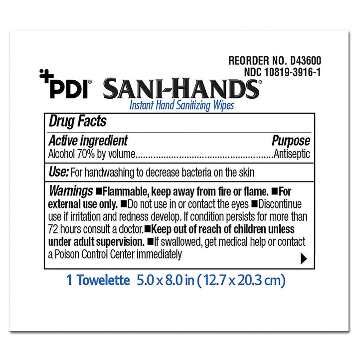 PDI Hand Sanitizing Wipe Sani-Hands D43600 Ethyl Alcohol Wipe Individual Packet