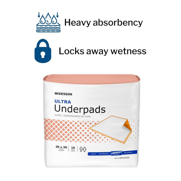 Disposable Underpad McKesson UPHV3030 Ultra 30 X 30 Inch Fluff / Polymer Heavy Absorbency 100/Pack - OverstockMedicalSupply.com