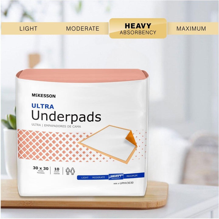 Disposable Underpad McKesson UPHV3030 Ultra 30 X 30 Inch Fluff / Polymer Heavy Absorbency 30/Pack - OverstockMedicalSupply.com