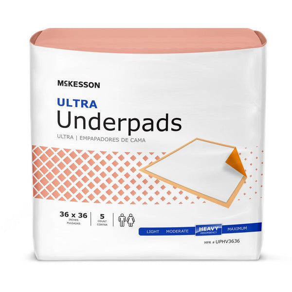 Disposable Underpad McKesson UPHV3636 Ultra 36 X 36 Inch Fluff / Polymer Heavy Absorbency 50/Pack - OverstockMedicalSupply.com