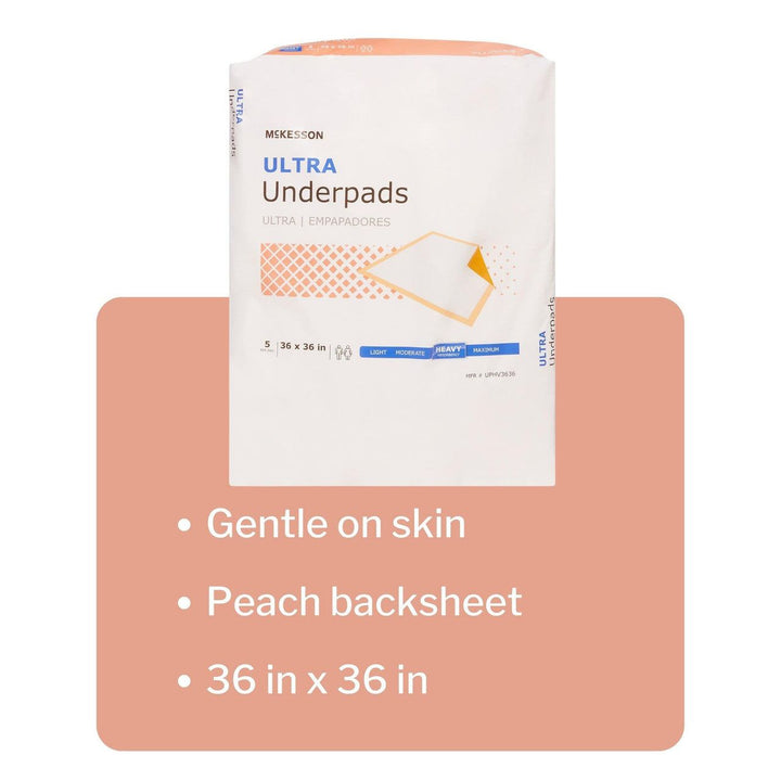 Disposable Underpad McKesson UPHV3636 Ultra 36 X 36 Inch Fluff / Polymer Heavy Absorbency 50/Pack - OverstockMedicalSupply.com