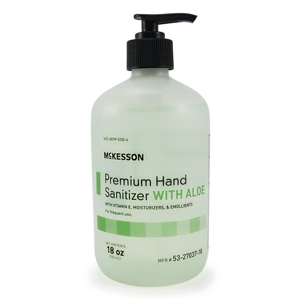 Hand Sanitizer with Aloe McKesson 53-27037-18 Premium Ethyl Alcohol Gel 18 oz. Pump Bottle, 12/Pack - OverstockMedicalSupply.com